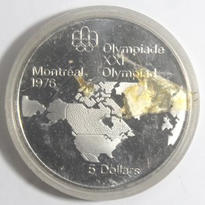 reverse: Canada. Elisabetta II. 5 Dollari 1973. Olimpiadi di Montreal 1976. Mappa del Nord America. AG 925. 