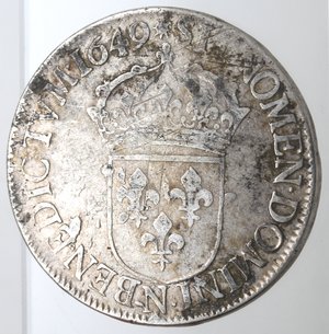 reverse: Monete Estere. Francia. Luigi XIIII. 1643-1715. Scudo 1649 N. Ag. Peso gr. 26,98. MB+.