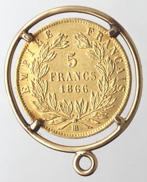 reverse: Francia. Napoleone III. 1852- 1870. 5 franchi 1866 BB. Au 900. 