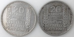 reverse: Francia. Lotto di due monete da 20 franchi 1933 e 1938. Ag. 