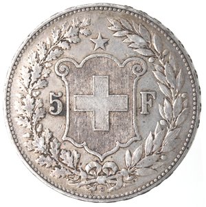 reverse: Svizzera. 5 Franchi 1891. Ag 900. 