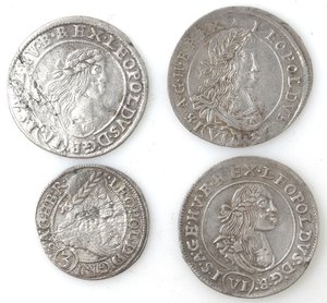 obverse: Ungheria. Leopoldo I. Lotto di 4 monete. Notato tre pezzi da 6 Krajczar 1665, 1666 e 1672 ed 1 pezzo da 3 Krajczar 1667. Ag