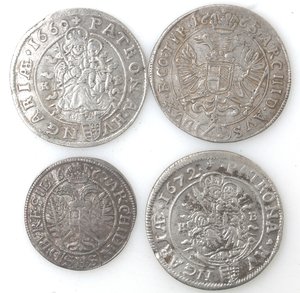 reverse: Ungheria. Leopoldo I. Lotto di 4 monete. Notato tre pezzi da 6 Krajczar 1665, 1666 e 1672 ed 1 pezzo da 3 Krajczar 1667. Ag