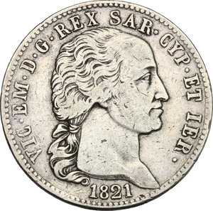 obverse: Vittorio Emanuele I (1802-1821). 5 lire 1821 Torino