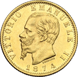 obverse: Vittorio Emanuele II  (1861-1878).. 20 lire 1874 Roma