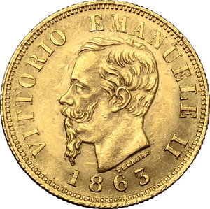 obverse: Vittorio Emanuele II  (1861-1878). 10 lire 1863 Torino