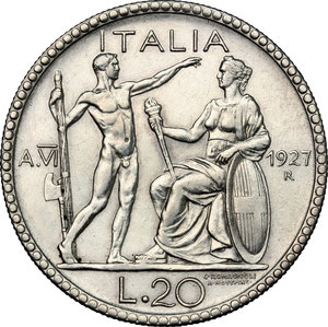 reverse: Vittorio Emanuele III (1900-1943). 20 lire 1927 A. VI