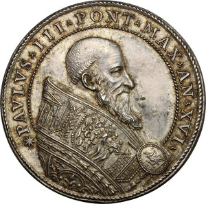 obverse: Paolo III (1534-1549), Alessandro Farnese. Medaglia A. XVI, per il conferimento del ducato di Parma a Pier Luigi Farnese