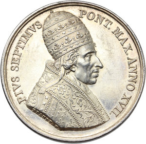 obverse: Pio VII (1800-1823), Barnaba Chiaramonti. Medaglia annuale A. XVII, per la restituzione allo Stato Pontificio delle sue provincie