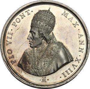 obverse: Pio VII (1800-1823), Barnaba Chiaramonti. Medaglia annuale A. XVIII, per la restituzione delle opere d arte da parte della Francia