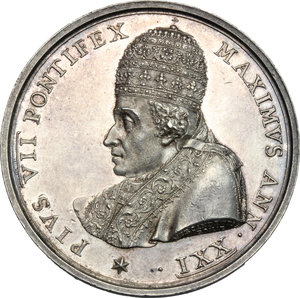 obverse: Pio VII (1800-1823), Barnaba Chiaramonti. Medaglia annuale A.XXI, per la visita a Roma dell Imperatore d Austria