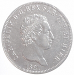 obverse: Casa Savoia. Carlo Felice. Lire 5 1827 Genova. Pagani 72. Peso 25,00 Gr. Diametro 37 mm. BB+.ççç