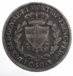reverse: Casa Savoia . Carlo Felice (1821-1831). 50 centesimi 1828 TO L. Pag. 117. AG. BB.**