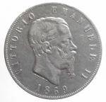 obverse: Casa Savoia. Vittorio Emanuele II. 5 Lire 1869. Milano. Pagani 489. Peso 25,00 g. Diametro 37 mm. BB.gf