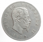 obverse: Casa Savoia. Vittorio Emanuele II. 1870 5 Lire. Peso 25,00 gr. Diametro 37 mm. Milano. BB.gf
