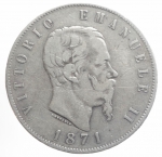 obverse: Casa Savoia. Vittorio Emanuele II. 1861-1878. 5 lire 1871 M. AG. Gig. 42. BB.gf