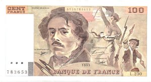 obverse: Banconote Estere. Francia. 100 Franchi. Eugene Delacroix. 1993. 