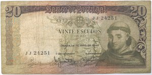 obverse: Banconote Estere. Portogallo. 20 Escudos. 1964. 