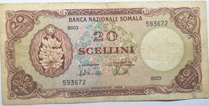 obverse: Banconote Estere. Banca Nazionale Somala. 20 Scellini 1968. 