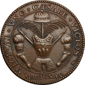 reverse: Francesco I (1515-1522), re di Francia.. Medaglia coniata per la battaglia di Marignano, vinta dai francesi e veneziani, contro gli imperiali