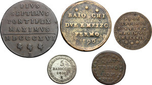 reverse: Lotto di 5 monete papali, Roma: quattrino 1738, 5 baiocchi 1856, quattrino 1802, 2 e mezzo baiocchi 1796 (Fermo), Baiocco 1816