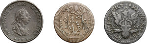 obverse: Lotto di 3 monete: Pio VII, quattrino 1802, Vittorio Amedeo di Savoia, grano 1717 Palermo, Giorgio III d Inghilterra, mezzo farthing 1799