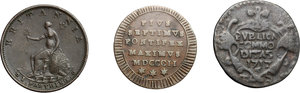 reverse: Lotto di 3 monete: Pio VII, quattrino 1802, Vittorio Amedeo di Savoia, grano 1717 Palermo, Giorgio III d Inghilterra, mezzo farthing 1799