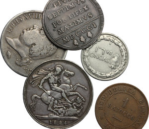 obverse: Lotto di 5 monete comprendente baiocco 1801, 5 franchi 1823 D, baiocco 1849, corona 1894 e buono da 1 lira 1922