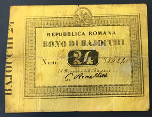 obverse: Seconda Repubblica Romana (1849). Bono di bajocchi 24