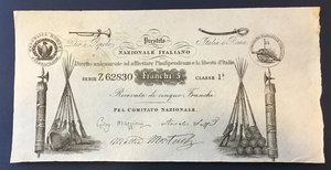 obverse: Prestito Nazionale Italiano (Mazziniano). Cedola da 5 franchi 1852, Londra, Mazzini Saffi e Montecchi