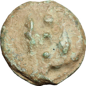 reverse: AE Cast Quadrans, c. 280 BC.   Obv. Right hand; at left, three pellets. Rev. Two barley-grains; between, three pellets. Cr. 14/4; Vecchi ICC 29; HN Italy 271.  AE.     42.00 mm. 64.52 g.  Green brown patina, with torquoise spots.  VF/About VF