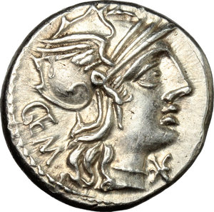 obverse: M. Aburius M.f. Geminus.. AR Denarius, 132 BC