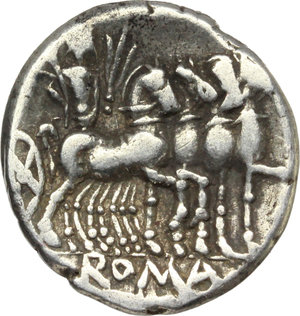 reverse: Q. Caecilius Metellus. AR Denarius, 130 BC. D/ Helmeted head of Roma right; behind, Q. METE; before, X. R/ Jupiter in quadriga right, holding reins and thunderbolt in left hand and branch in right hand; in exergue, ROMA. Cr. 256/1. B. 21. AR.      19.00 mm. 3.80 g.   VF