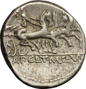 reverse: Appius Claudius Pulcher, T. Manlius Mancinus and Q. Urbinius . AR Denarius, 111-110 BC