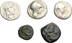 obverse: Greek World and Roman Republic.. Multiple lot of five (5) unclassified coins including: two (2) Greek AE and three (3) AR Denarii of Roman Republic