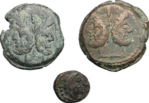 obverse: Roman Republic.. Multiple lot of three (3) AE coins: Ass series, AE As, 196-158 BC, Cr. 195/1, g. 23,22, Unidentified series, AE As, 169-158 BC, g. 26,09, Anonymous series, AE Quadrans, 91 BC, Cr. 339/4, g. 3,56