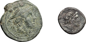 obverse: Roman Republic.. Multiple lot of two (2) anonymous coins: AE Sextantal Sextans, Cr. 56/6, g. 7.55, mm. 22, AR Quinarius, Cr. 373/1b, g. 1.64, mm. 14.0
