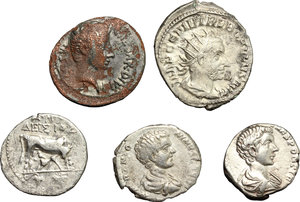 obverse: Roman Empire.. Multiple lot of five (5) unclassified AR coins (mostly of Roman Empire) including: Dyrrhachion, AR Drachm, Augustus, fourrée Denarius AEGVPTO CAPTA, Caracalla as Caesar, 2 AR Denarii, Trebonianus Gallus, AR Antoninianus