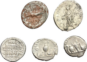reverse: Roman Empire.. Multiple lot of five (5) unclassified AR coins (mostly of Roman Empire) including: Dyrrhachion, AR Drachm, Augustus, fourrée Denarius AEGVPTO CAPTA, Caracalla as Caesar, 2 AR Denarii, Trebonianus Gallus, AR Antoninianus