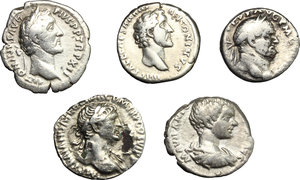 obverse: Roman Empire.. Multiple lot of five (5) unclassified AR Denarii of Vespasian, Trajan (fourrée), Antoninus Pius (2) and Caracalla as Caesar