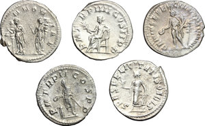 reverse: Roman Empire.. Multiple lot of five (5) unclassified AR Antoniniani (Gordian III to Trajan Decius)