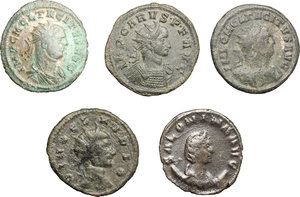 obverse: Roman Empire.. Multiple lot of five (5) unclassified BI Antoniniani of Salonina, Claudius II, Tacitus (2) and Carinus