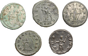 reverse: Roman Empire.. Multiple lot of five (5) unclassified BI Antoniniani of Salonina, Claudius II, Tacitus (2) and Carinus