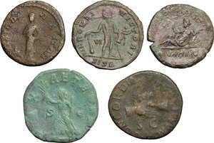 reverse: Roman Empire.. Multiple lot of five (5) unclassified AE coins (Nerva to Maximianus)