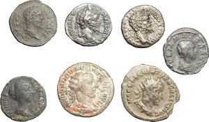 obverse: Roman Empire. Multiple lot of seven (7) unclassified AR Denarii and Antoniniani of 2nd-3rd centuries, including at least two fourrée examples or ancient forgeries