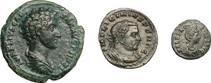obverse: Roman Empire.. Multiple lot of three (3) unclassified AE coins: Marcus Aurelius, AE As, Licinius I, AE 20 mm, Aelia Flaccilla, AE 13 mm