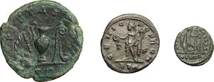 reverse: Roman Empire.. Multiple lot of three (3) unclassified AE coins: Marcus Aurelius, AE As, Licinius I, AE 20 mm, Aelia Flaccilla, AE 13 mm