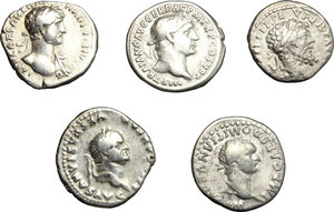 obverse: Roman Empire. Multiple lot of five (5) unclassified AR Denarii of Vespasian, Domitian, Trajan, Hadrian and Septimius Severus