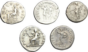 reverse: Roman Empire. Multiple lot of five (5) unclassified AR Denarii of Vespasian, Domitian, Trajan, Hadrian and Septimius Severus