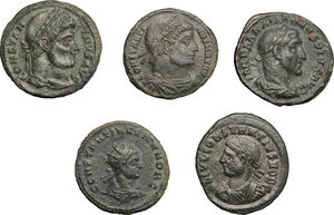 obverse: Roman Empire.. Multiple lot of five (5) unclassified AE coins of 3rd-4th centuries, including an interesting and rare bronze core of a fourrée denarius of Maximinus I